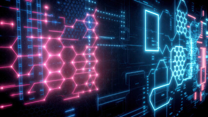  a futuristic, digital interface with a hexagonal pattern and various glowing lines in shades of pink and blue. The design suggests a sophisticated technological or cyber theme.