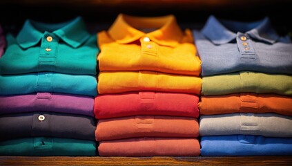 Colorful polo shirts neatly stacked on a shelf, showcasing a vibrant array of folded clothing ready for purchase.