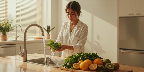 Woman in pajamas washing vegetables in kitchen sink with fruit on counter near window and refrigerator