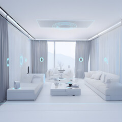 A white living room with a white couch and a white coffee table