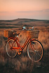 Fototapeta premium Vintage red bicycle with wicker baskets in a golden field at sunset