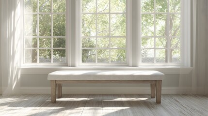 white dining bench in natural light interior, subtle grain texture, 8k resolution