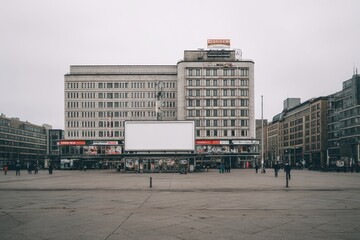 Wide white billboard mounted on building side at Berlin Alexanderplatz, pedestrians strolling through busy public square in daylight