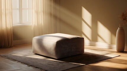 single ottoman in soft light room, pure minimal style, 8k resolution