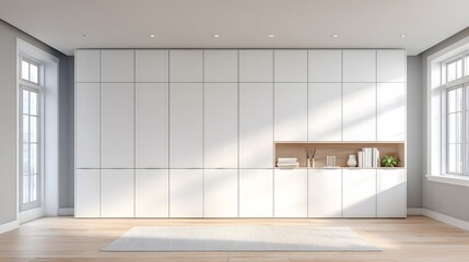 custom built-in cabinet in white room, modern silhouette, 8k resolution