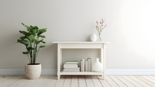 white minimal console table in hallway, bright natural backdrop, 8k resolution