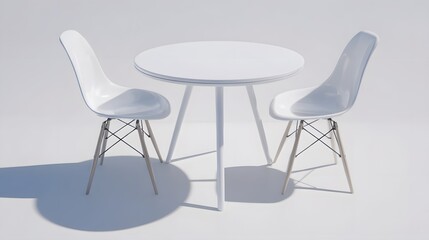 round white table with two minimal chairs, even light, 8k resolution