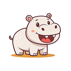 a cartoon illustration of a cute, smiling white hippopotamus with a large grin, small round ears, and a brown outline. The background is black, and the hippo is standing on a small yellow platform.
