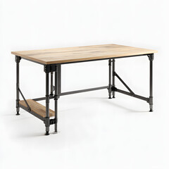 A wooden table with metal legs