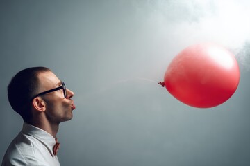 A man wearing spectacles inflating a balloon.