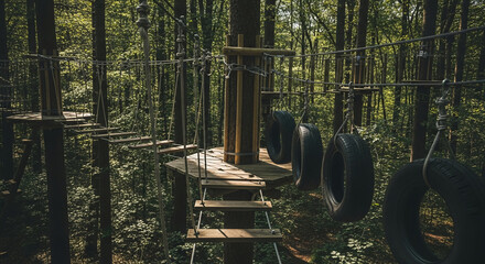 Wooden rope course in forest setting, featuring tire swings and elevated platforms, showcasing adventure and outdoor activities, perfect for travel or leisure concepts