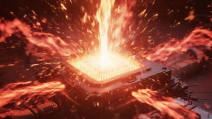 Burning square chip with fiery orange flames glowing vividly against dark background symbolizing high tech energy overload cyber attack data processing heat or futuristic digital concept - Powered by Adobe