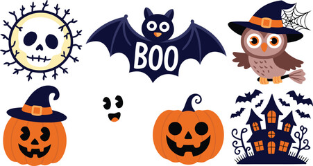 Colorful Halloween Elements Pumpkin, Ghost, Bat, Owl, Skull, and Haunted House Illustration