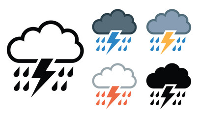 Storm cloud icons with lightning and rain—five style variations for dynamic weather representations in apps, forecasts, or educational visuals.