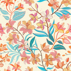 Seamless vector pattern featuring tropical orchids with vibrant fuchsia and yellow petals and glossy green leaves on pastel background, floral design. Ideal for fabric, packaging