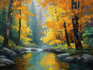 Naklejka premium Autumn forest scene with colorful trees and calm river reflecting vibrant fall foliage, creating peaceful and serene atmosphere