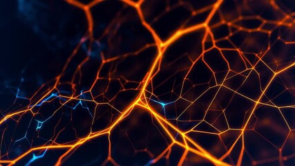 Abstract depiction of vibrant neural connections illuminated with orange and blue hues against a dark backdrop