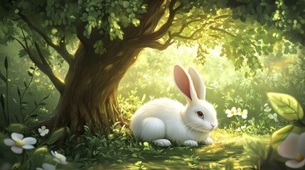 White rabbit resting under a tree in a sunlit forest.