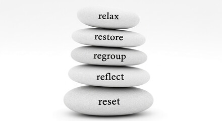 Stack of smooth, white stones with words relax, restore, regroup, reflect, reset, symbolizing self-care, mindfulness, and mental wellbeing