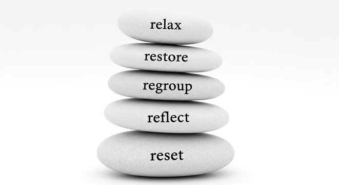 Stack of smooth, white stones with words relax, restore, regroup, reflect, reset, symbolizing self-care, mindfulness, and mental wellbeing