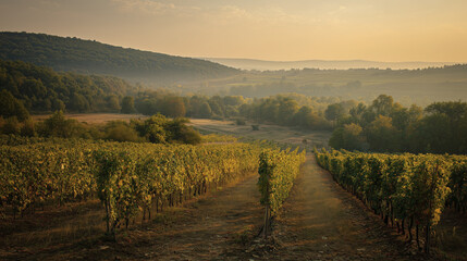 Vineyard landscape during early autumn with lush green grapevines, rolling hills in background, and warm sunset light creating peaceful scene