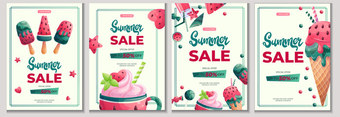 A set of design templates for a summer flyer with various watermelon sweets and desserts. The concept of summer, summer sale. Vector illustration in A4 format for posters, banners, promo, advertising