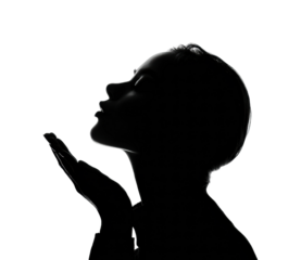 Silhouette woman blowing kiss in black and white artistic expression isolated on transparent background, png