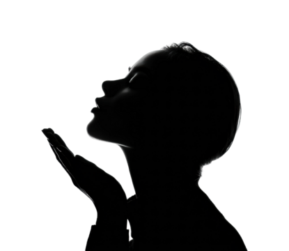 Silhouette woman blowing kiss in black and white artistic expression isolated on transparent background, png