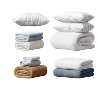 Cozy bedding collection home product soft textiles relaxing atmosphere isolated on transparent background, png