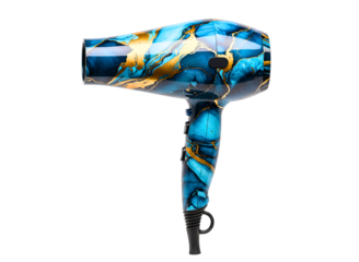 Artistic blue and gold patterned hair dryer isolated on transparent background