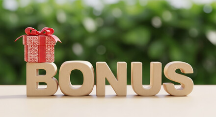 Wooden letters spelling BONUS, a small gift box with red ribbon sits atop the letter B Green blurred background Mockup for text