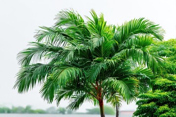 Lush palm tree canopy in light rain