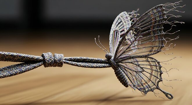 A delicate wireframe butterfly sculpture attached to a knotted grey cord on a wooden surface.