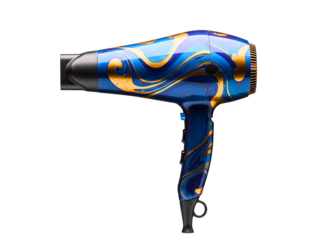 Artistic blue and gold patterned hair dryer isolated on transparent background