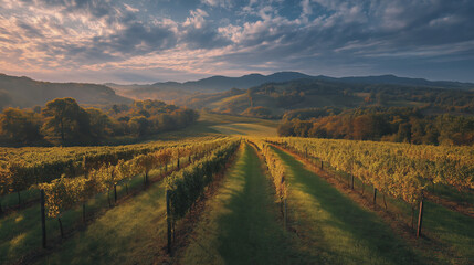 Vineyard landscape during early autumn with lush rows of grapevines, rolling hills, and dramatic sky with soft sunset light creating peaceful