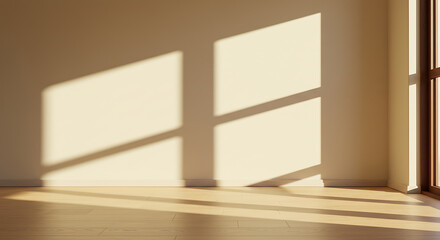 Fototapeta premium Empty Room Interior with Sunlight Casting Geometric Shadows on Wall and Floor