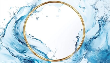 Fototapeta premium Golden Luxury Water Splash Effect Border Frame With Blue Brush And Gold Round Contour Frame For Elegant Invitations, Cards, Sales, Fashion, And Weddings.