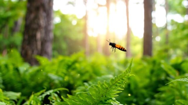 Flying Insect with Orange and Black Body over Green Ferns in a Bright Forest with Sunlight