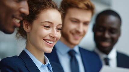 Collaboration in the Boardroom: A group of focused and professional businesspeople huddle, their expressions of excitement and interest hinting at dynamic project teamwork.