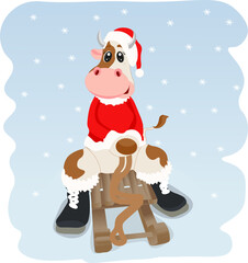 Cute Cartoon Bull a Santa hat sitting on a sled  in the snow. Winter background with snowflakes.