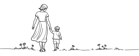 Minimalist line drawing of adult and child walking hand in hand on a nature path, symbolizing family bond, parenting, and outdoor togetherness.