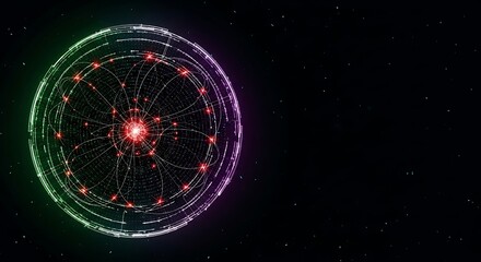 Abstract Neon Circular Network: Futuristic Technology, Data Visualization, Digital Connectivity, Modern Design, Dark Background.