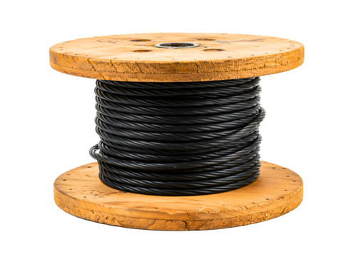 Wooden spool with black electrical wire isolated on transparent background