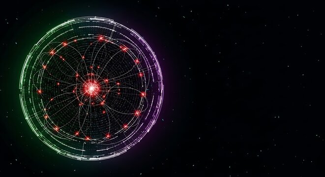 Abstract Neon Circular Network: Futuristic Technology, Data Visualization,  Digital Connectivity,  Modern Design, Dark Background.