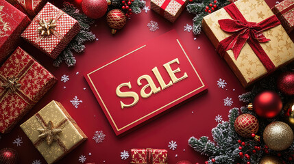 Festive 3D Christmas composition with bold SALE lettering, gift boxes, snowflakes, red and gold background and copy space for winter promotions and holiday advertising banners