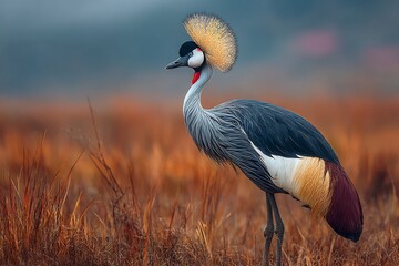 Fototapeta premium A grey crowned crane standing in a field of tall grass with a blurred background in soft lighting