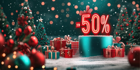 Bright festive Christmas promotion with glowing -50% discount numbers, red and green holiday colors, snow effects and product display podium for seasonal winter advertising banners