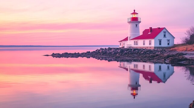 A lighthouse on the shore of an ocean at dusk, reflecting in the calm waters with a pink sky and a red roof, peaceful and serene