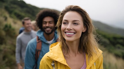 Joyful Hiking group exploring scenic mountains: An alluring woman leads a group of friends hiking, her infectious smile reflecting shared joy against the backdrop of a picturesque mountain range.