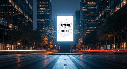 Night cityscape with illuminated billboard displaying "Future is Bright", showcasing optimism and urban progress, ideal for advertising or promotional purposes